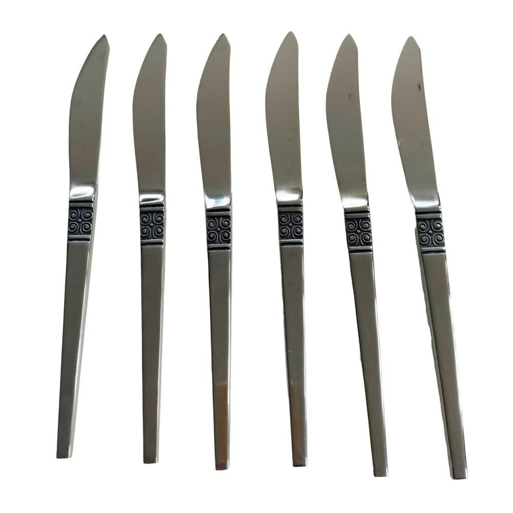Vintage Ekco Eterna Gemini Dinner Steak Knives Japan MCM Scroll Set of 6